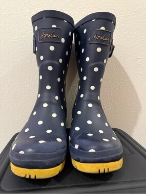 Joules Navy Blue Polka Dot Rain Boots with Yellow Soles